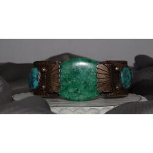 Navajo JO Sterling Silver Jade & Turquoise Cuff Bracelet 71.7G / 7 In